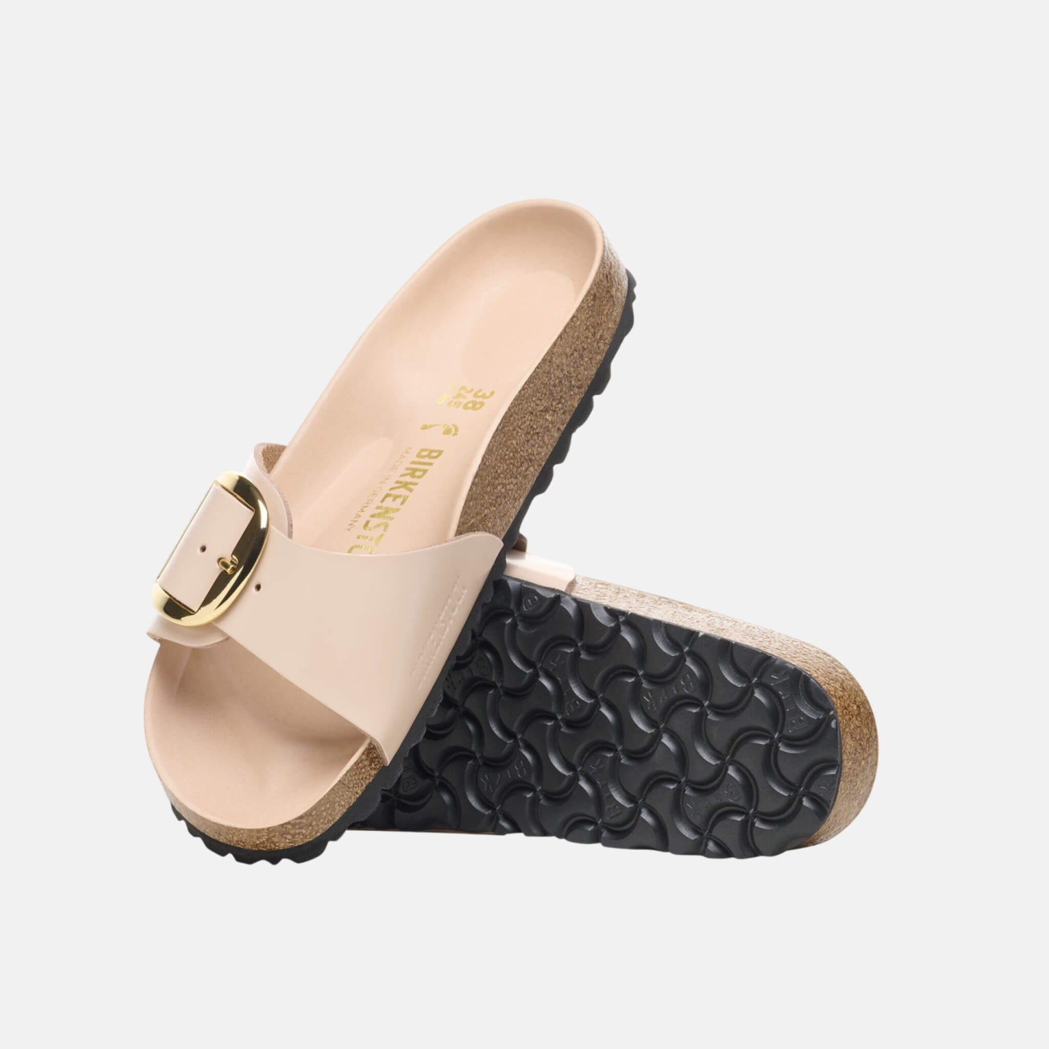 Béžovo-zlaté regular pantofle Birkenstock Madrid Big Buckle Natural Leather Patent