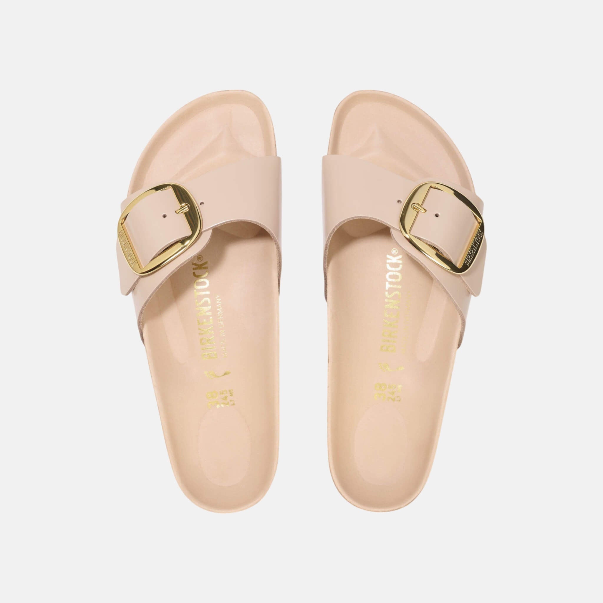 Béžovo-zlaté regular pantofle Birkenstock Madrid Big Buckle Natural Leather Patent