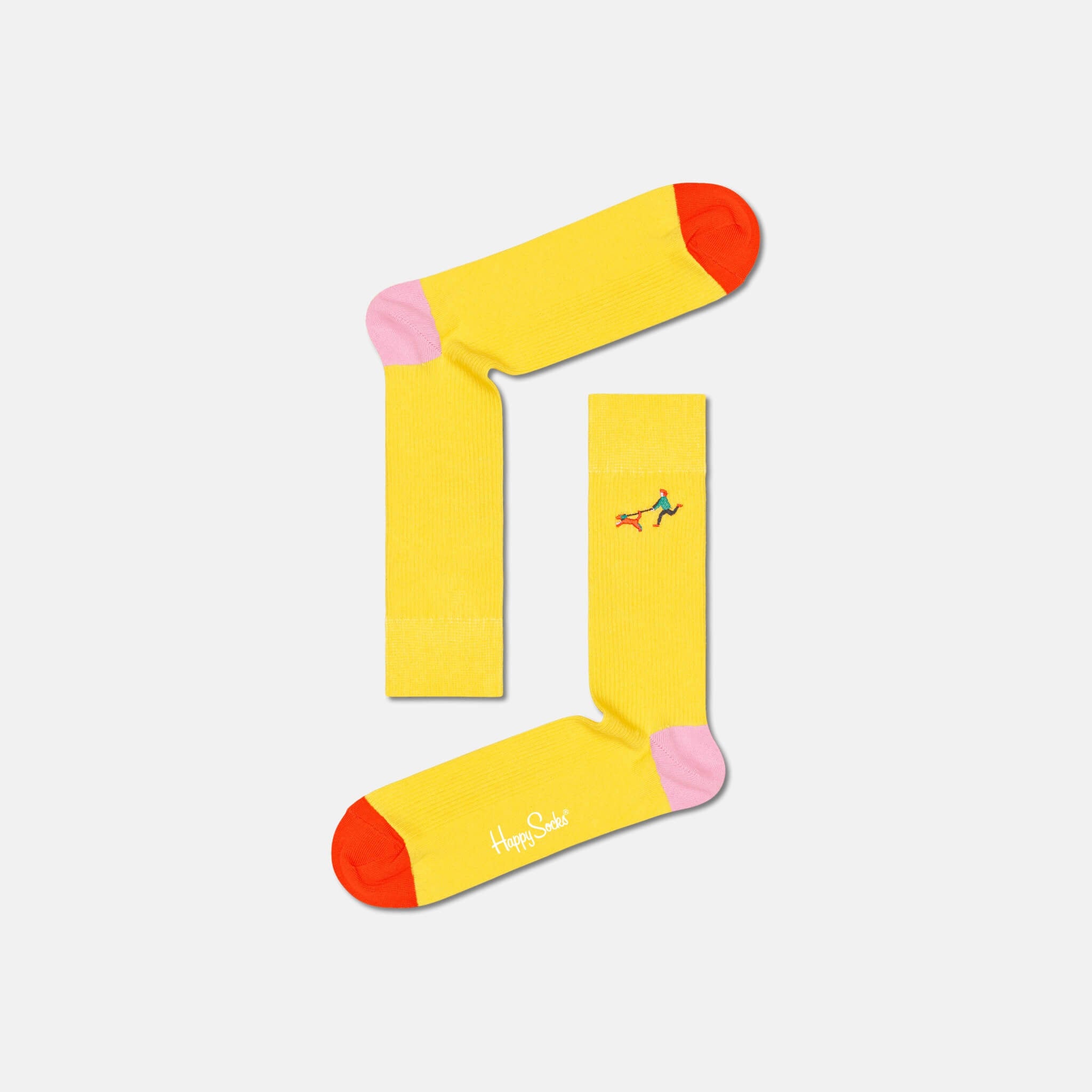 Žluté vroubkované ponožky Happy Socks s vyšitým pejskařem, vzor Run The Dog