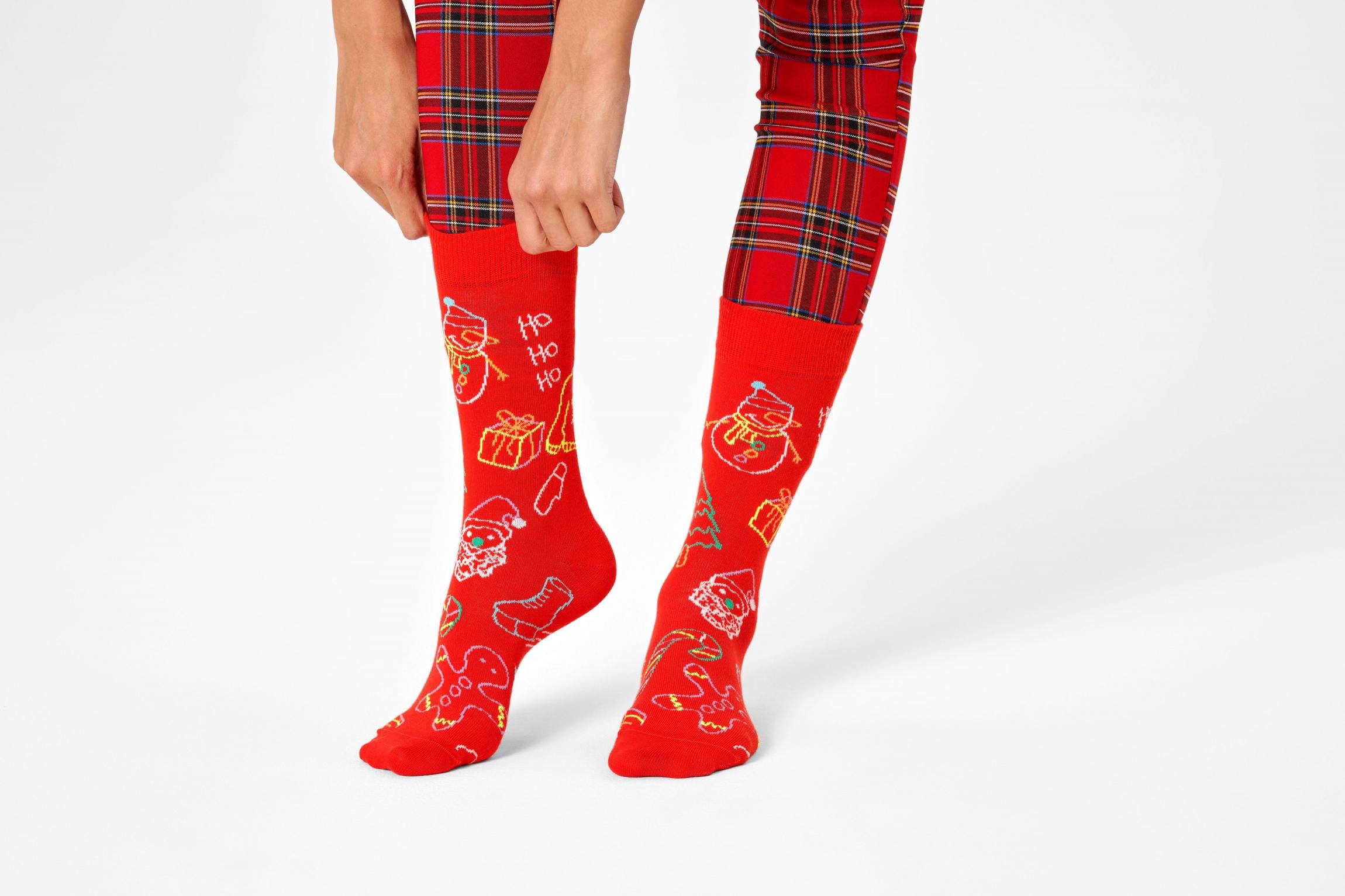Červené ponožky Happy Socks s vánočními symboly, vzor Ho Ho Ho