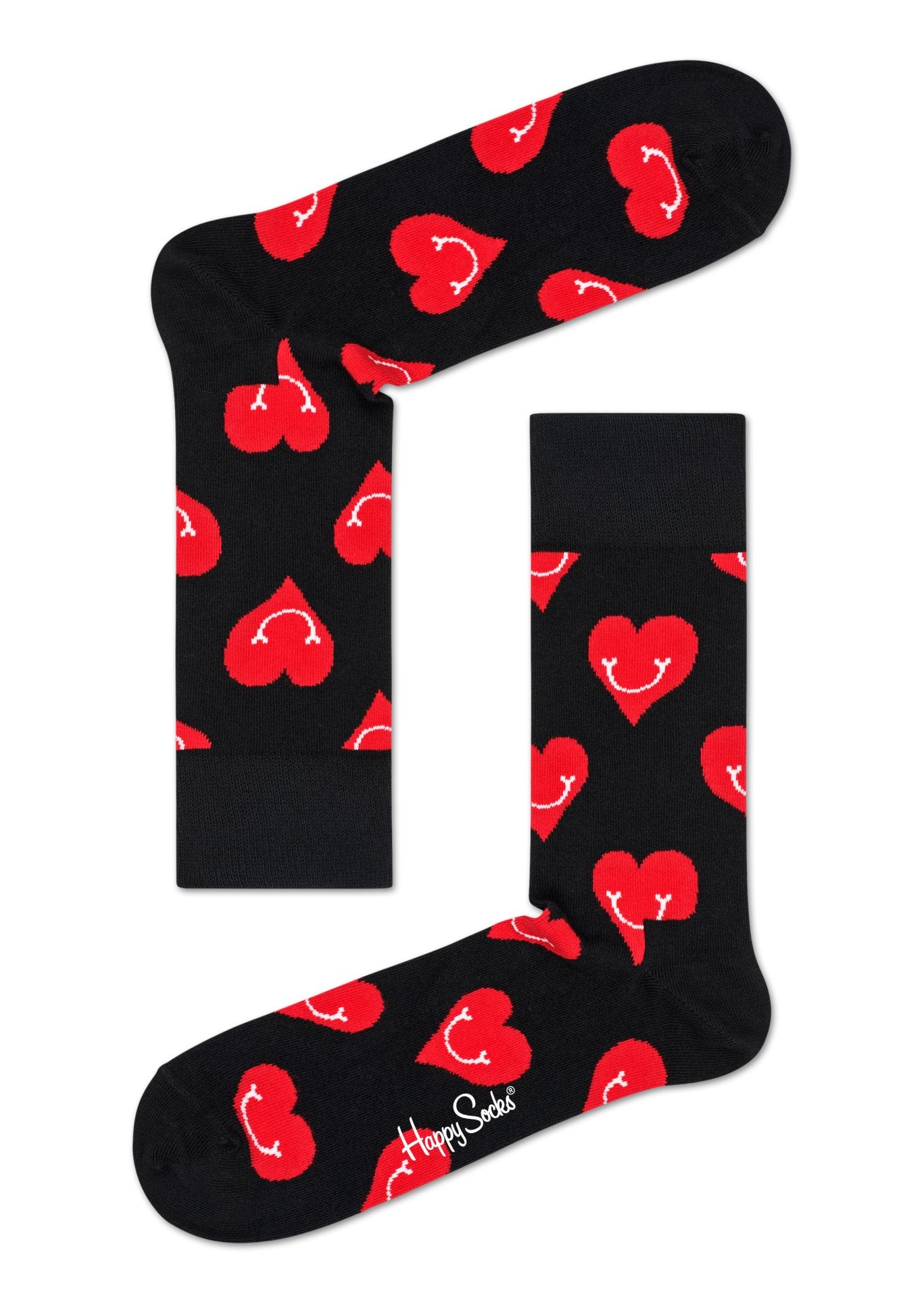 Černé ponožky Happy Socks s červenými srdíčky, vzor Smiley Heart