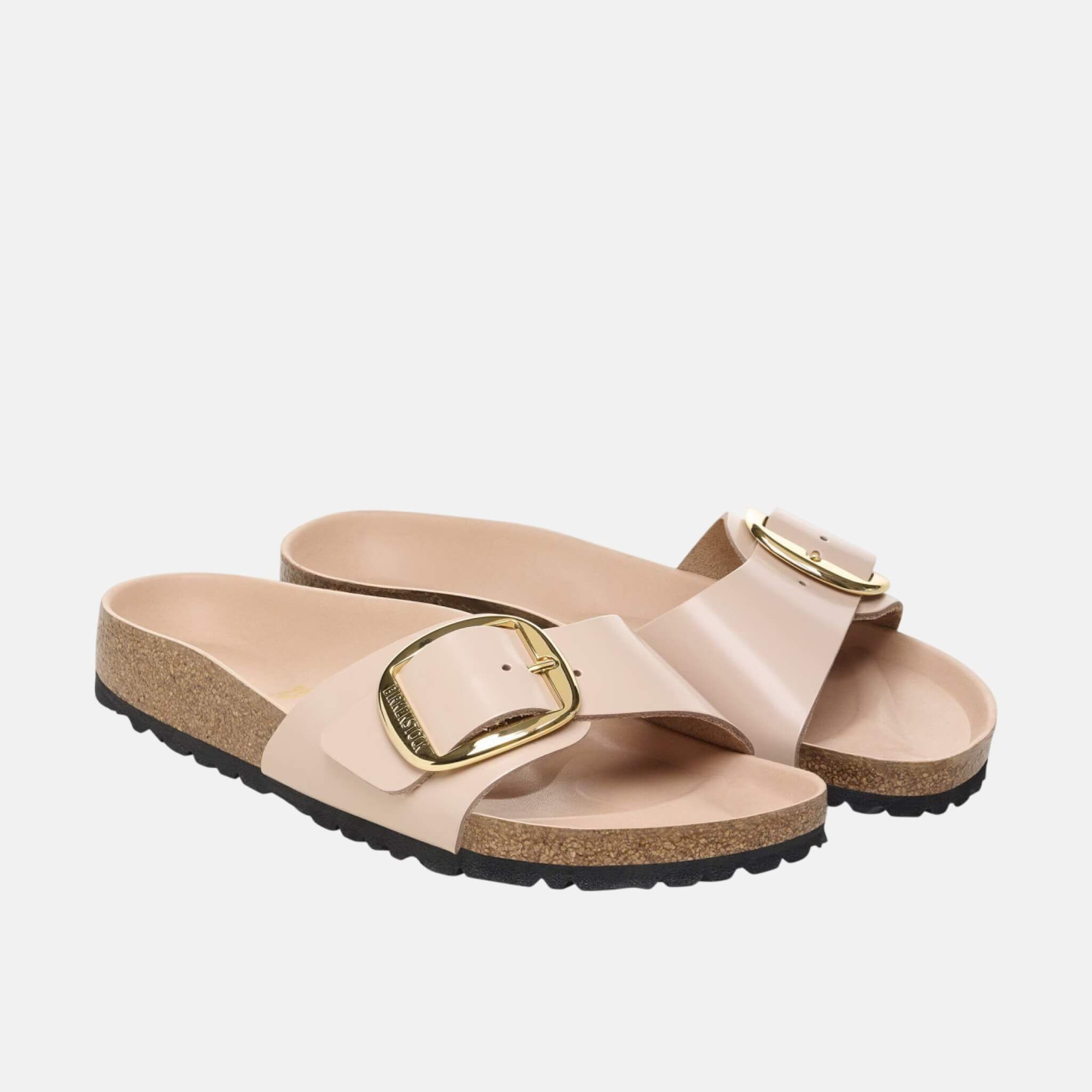 Béžovo-zlaté regular pantofle Birkenstock Madrid Big Buckle Natural Leather Patent