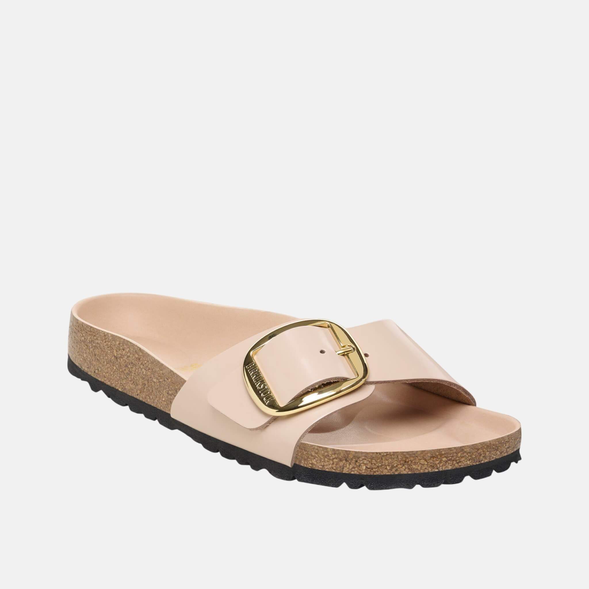 Béžovo-zlaté regular pantofle Birkenstock Madrid Big Buckle Natural Leather Patent