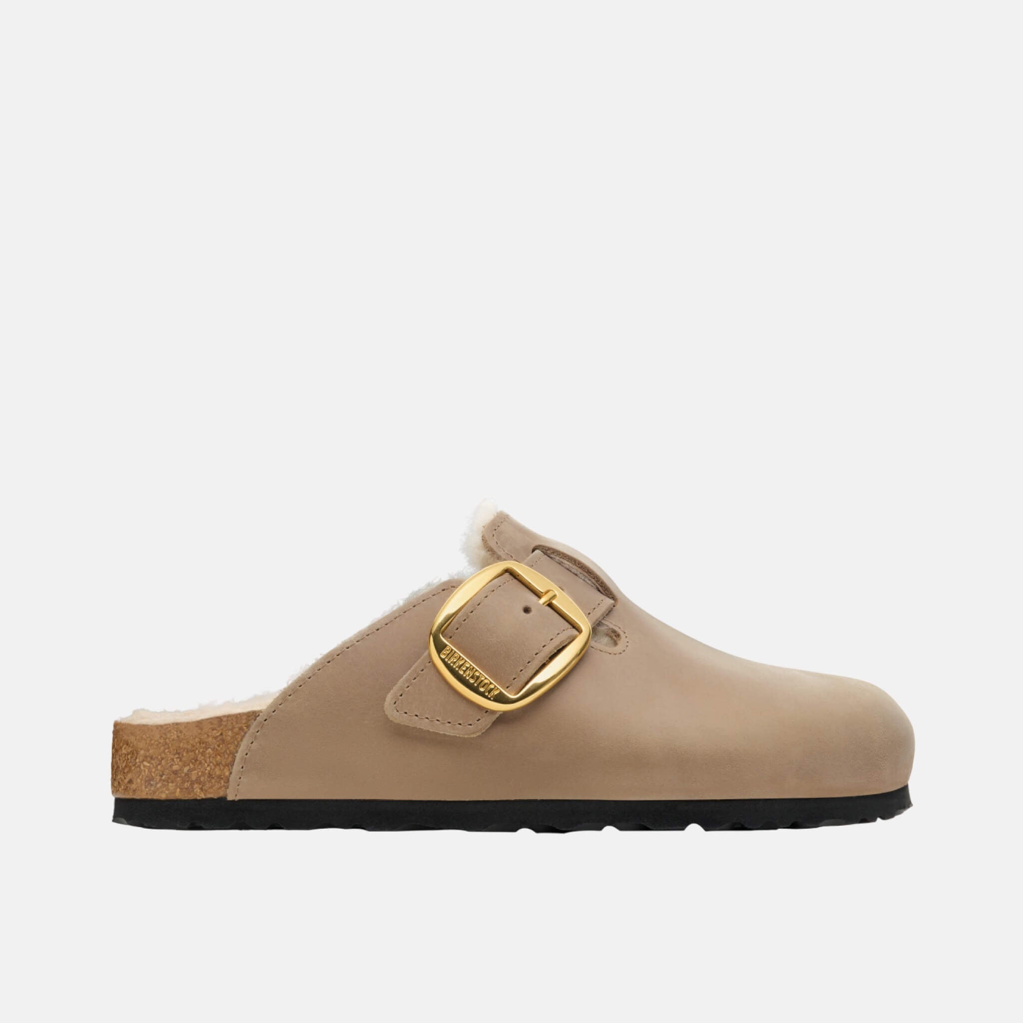 Hnědé narrow nazouváky Birkenstock Boston Big Buckle Shearling Natural Oiled Leather