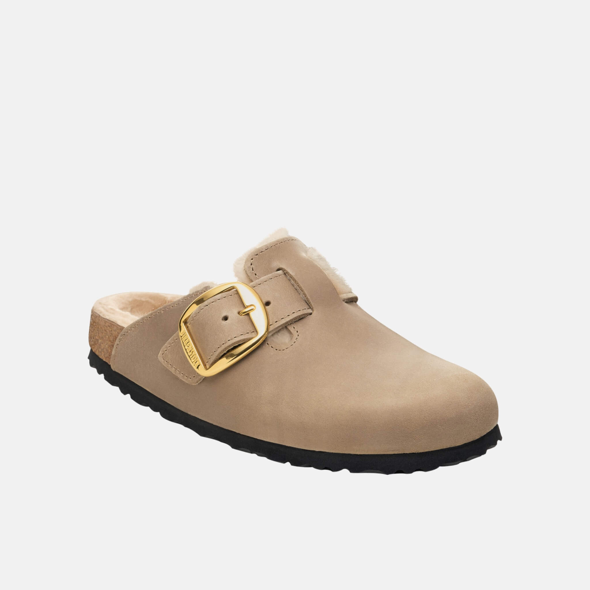 Hnědé narrow nazouváky Birkenstock Boston Big Buckle Shearling Natural Oiled Leather