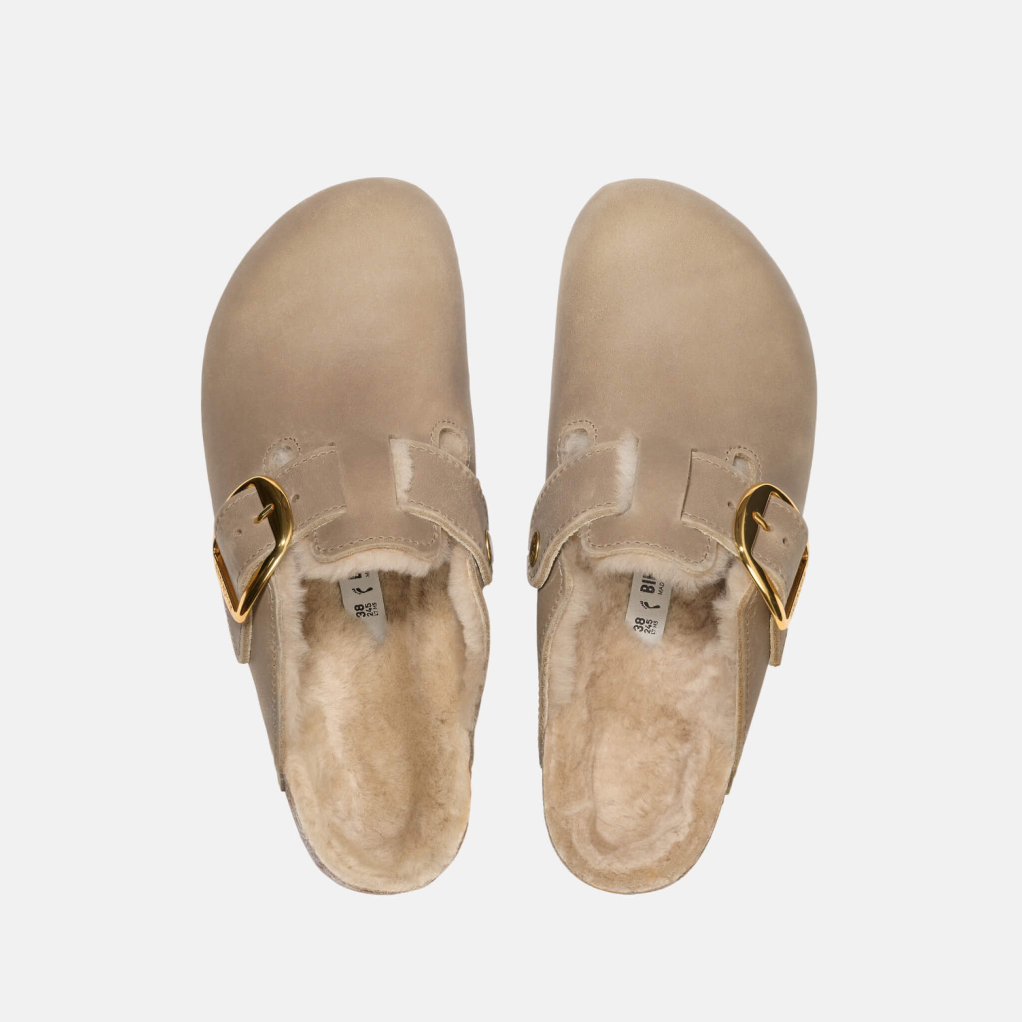 Hnědé narrow nazouváky Birkenstock Boston Big Buckle Shearling Natural Oiled Leather