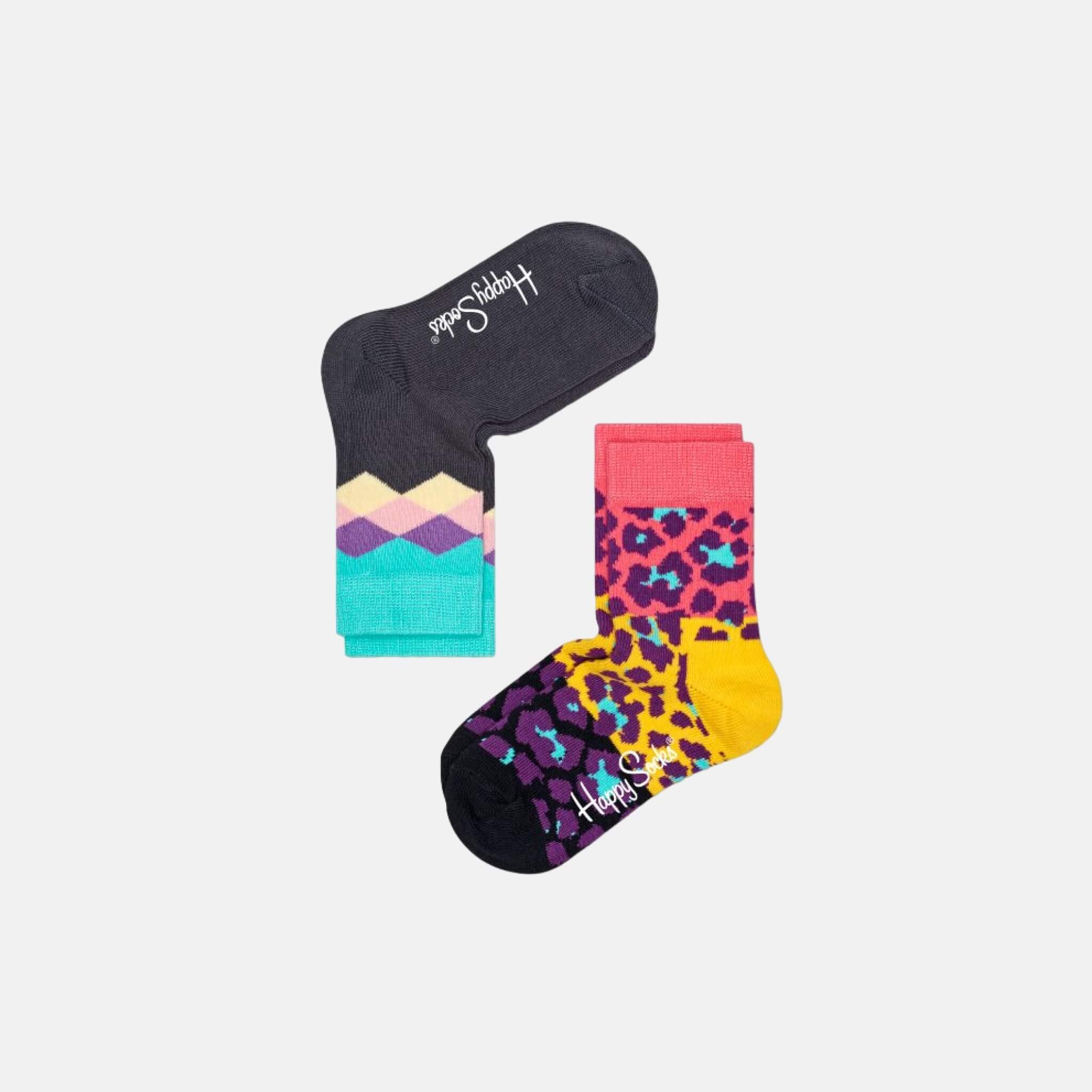 Dětské barevné ponožky Happy Socks, dva páry – Argyle a Leopard