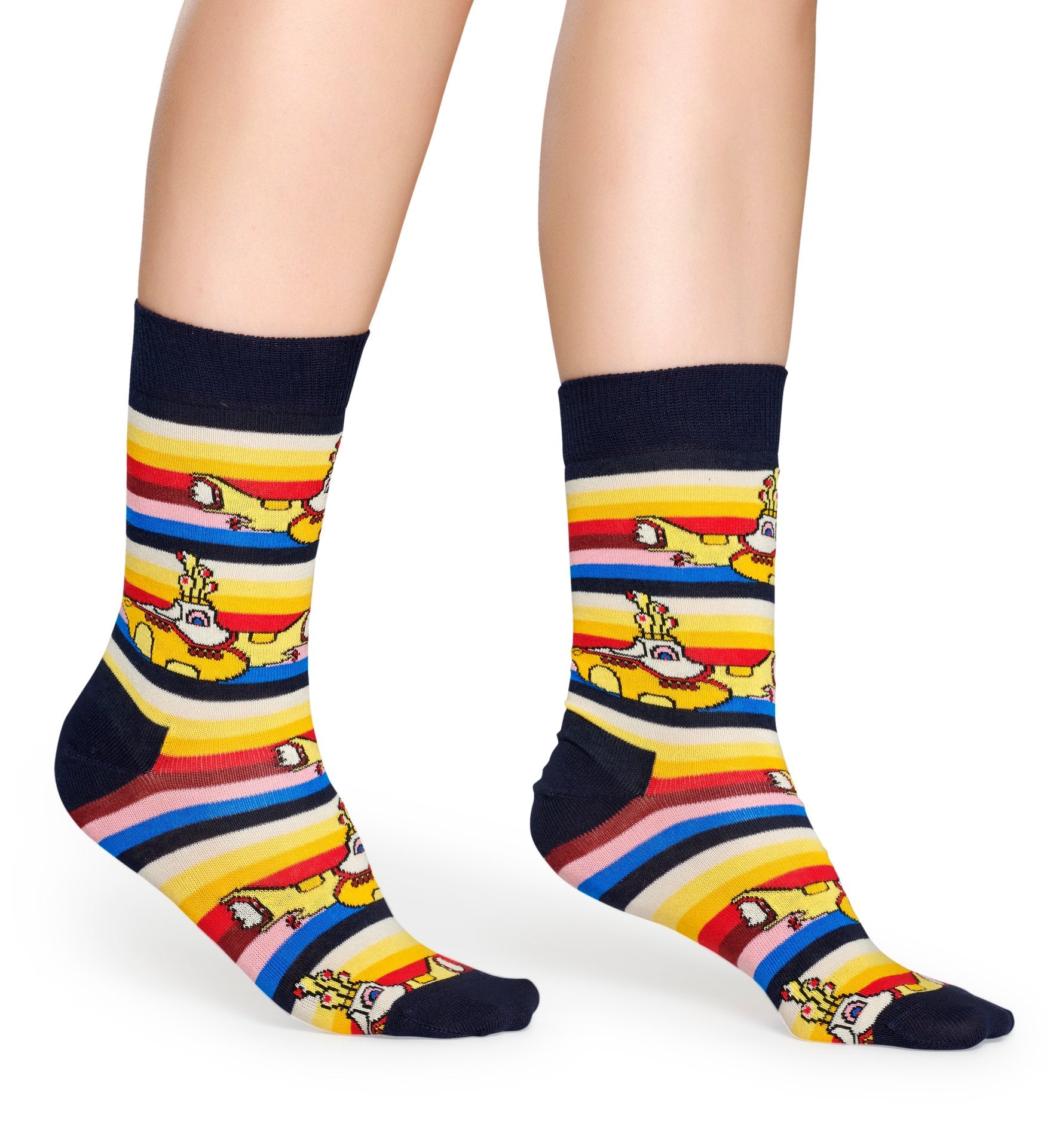 Žluto-černé pruhované ponožky s ponorkami z kolekce Happy Socks x Beatles, vzor All On Board