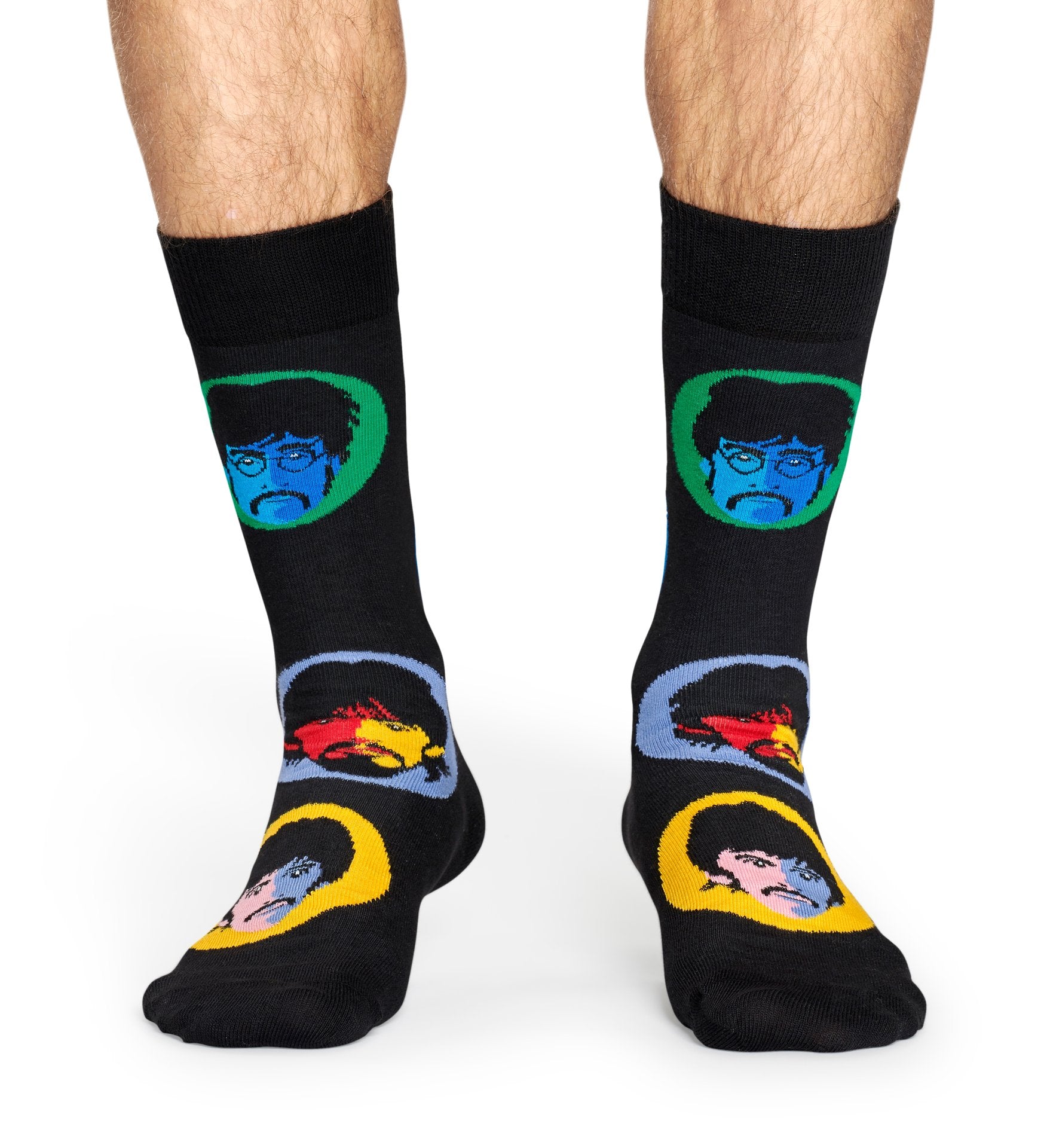 Černé ponožky s portréty členů skupiny z kolekce Happy Socks x Beatles, vzor Bright Spot