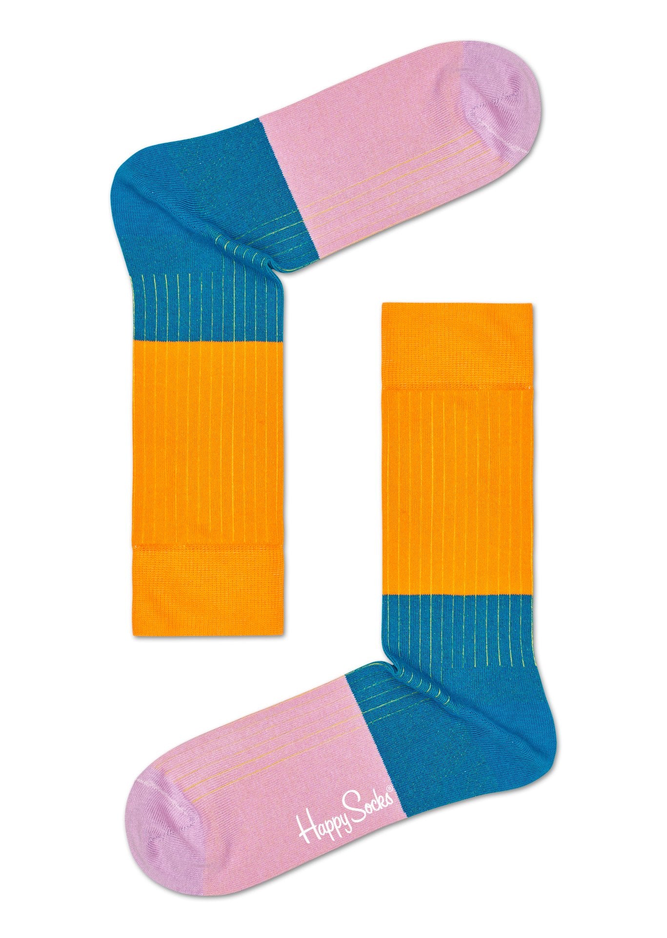 Žluto-modré ponožky Happy Socks s žebrováním, vzor Block Rib