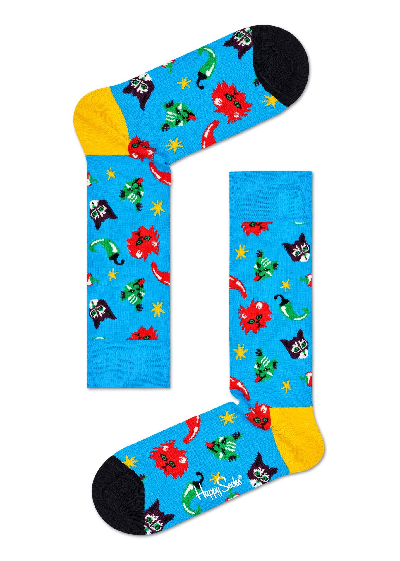 Modré ponožky Happy Socks s kočkami a chilli papričkami, vzor Chili Cat