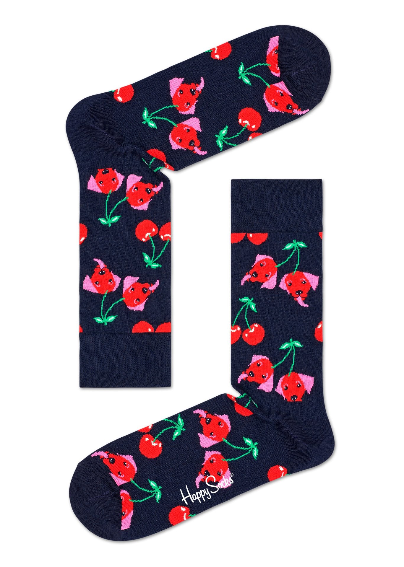 Tmavě modré ponožky Happy Socks s třešněmi a psy, vzor Cherry Dog