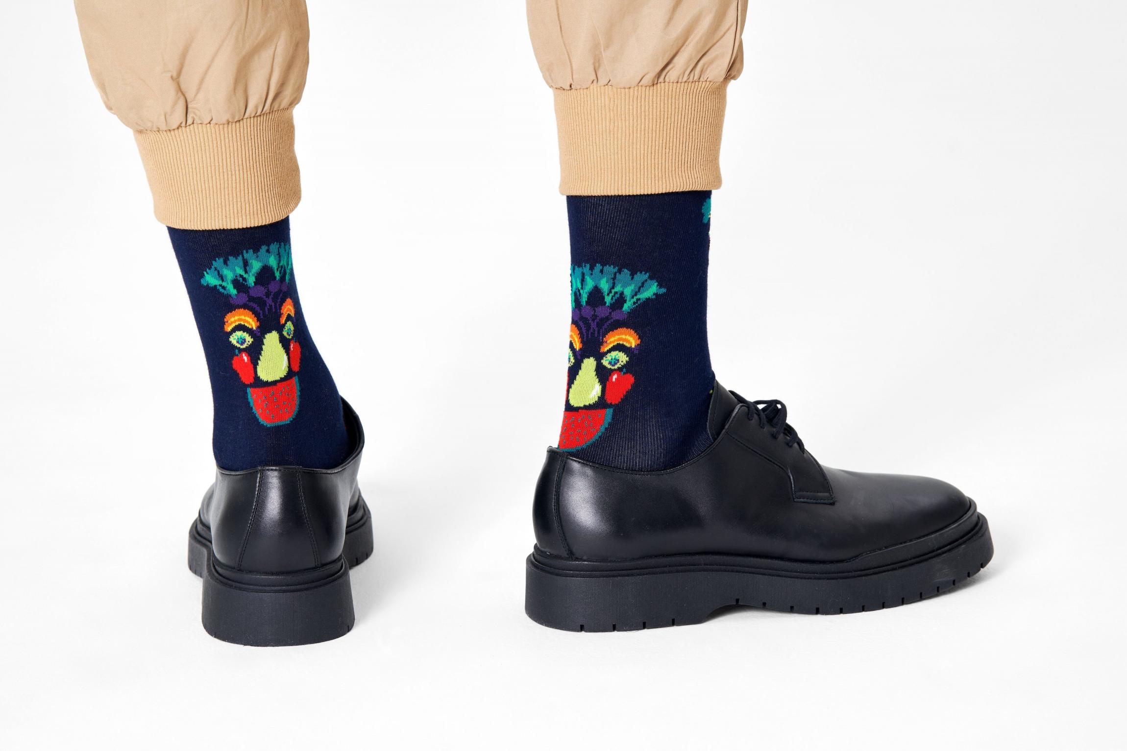 Modré ponožky Happy Socks s obličejem z ovoce a zeleniny, vzor Healthy Glow
