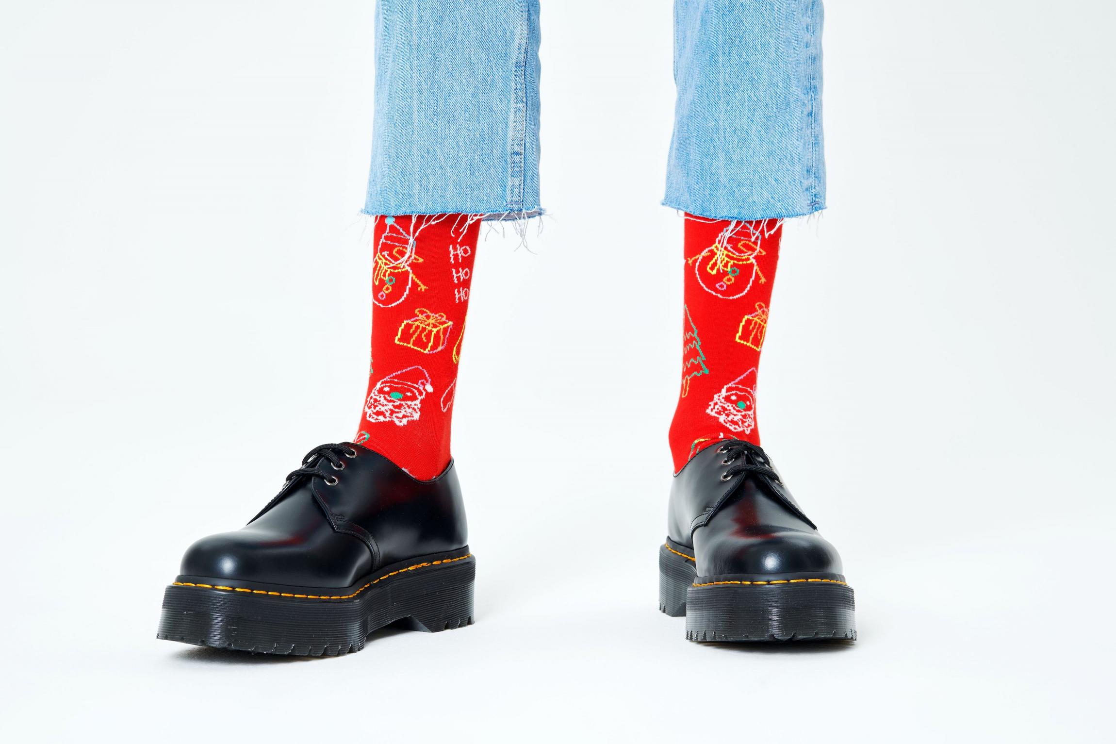 Červené ponožky Happy Socks s vánočními symboly, vzor Ho Ho Ho