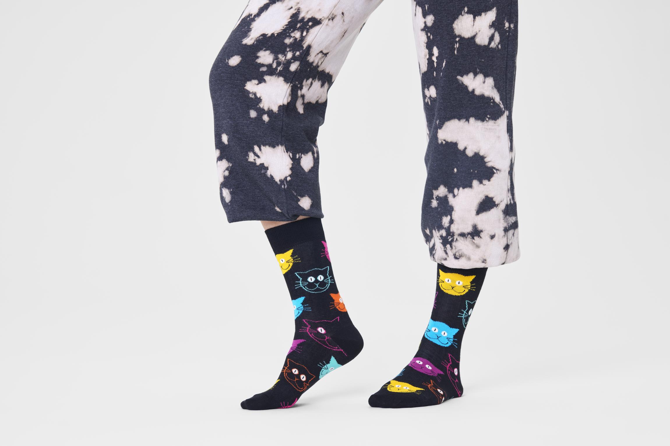 Černé ponožky Happy Socks s kočkami, vzor Cat