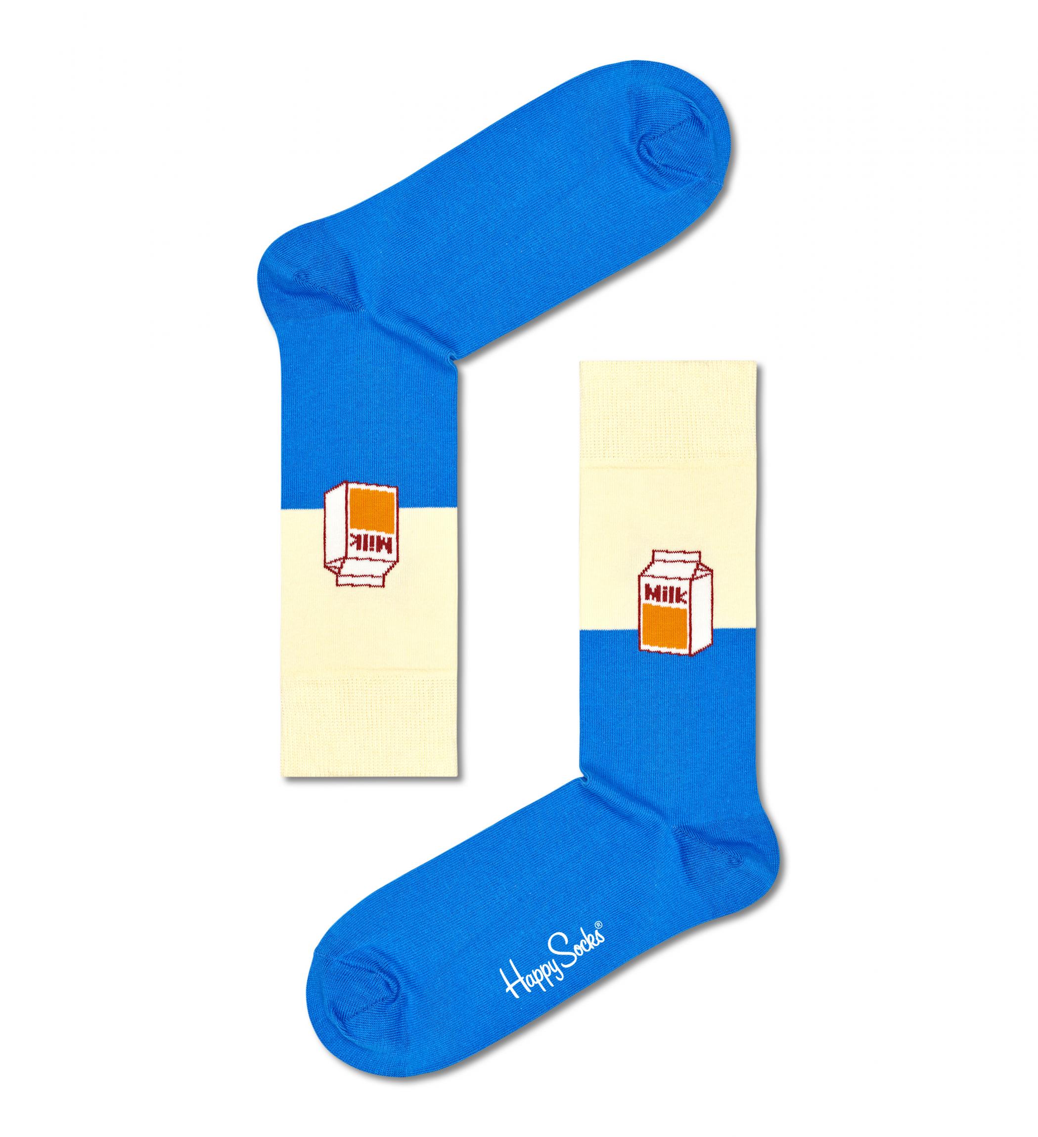 Modro-bílé ponožky Happy Socks s krabicí mléka, vzor Milk