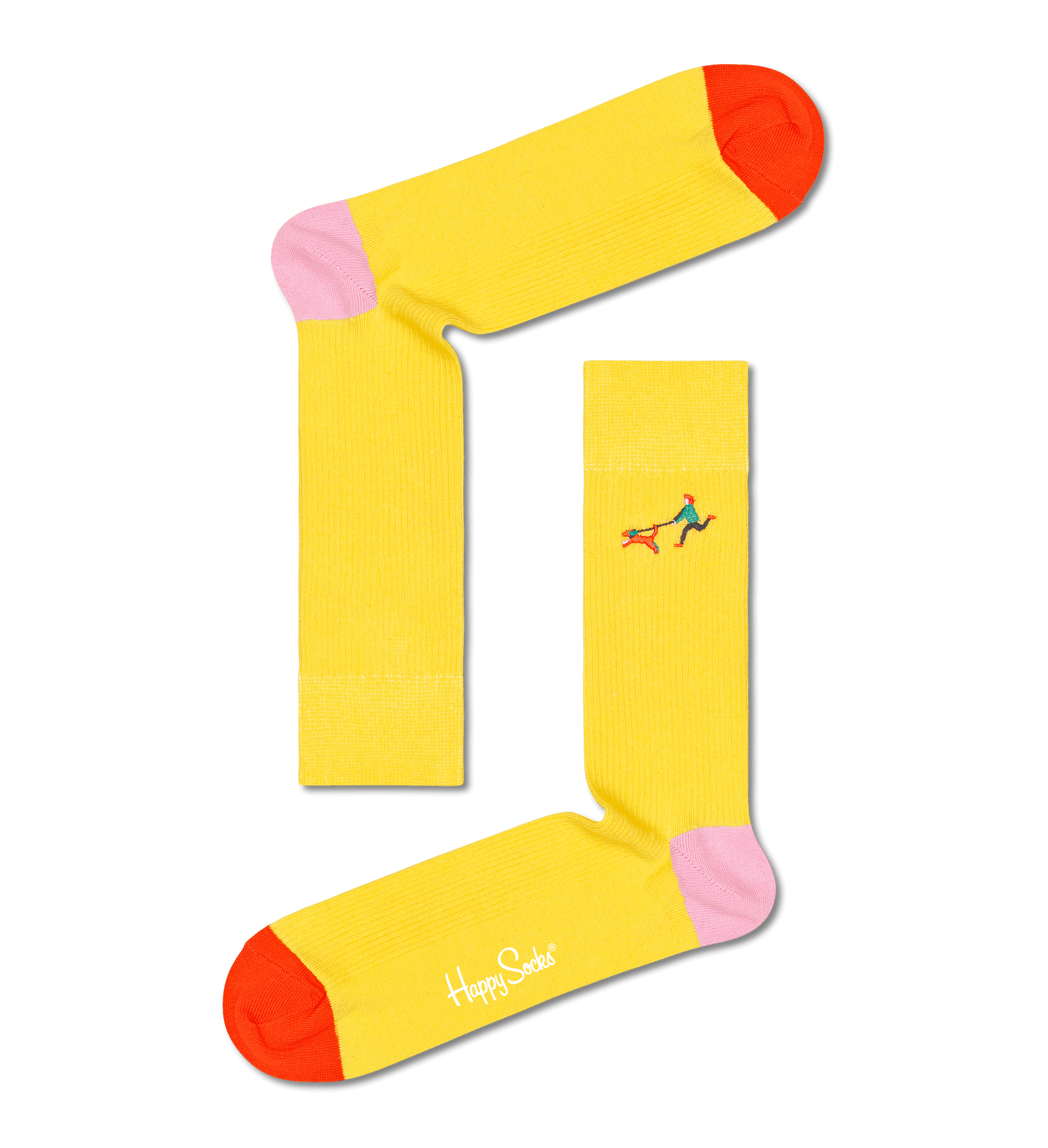 Žluté vroubkované ponožky Happy Socks s vyšitým pejskařem, vzor Run The Dog