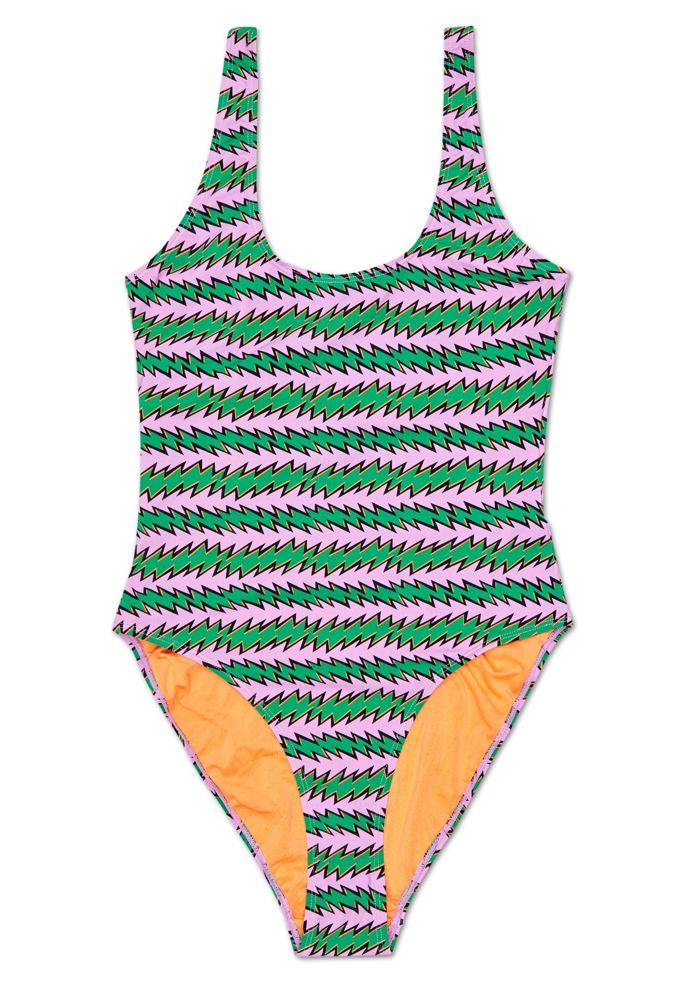 Zeleno-růžové dámské plavky Happy Socks s pruhy, vzor Rock´n Roll Stripe