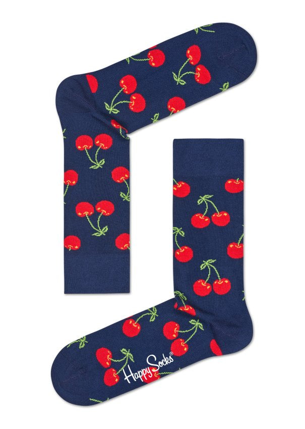 Modré ponožky Happy Socks s červenými třešničkami, vzor Cherry