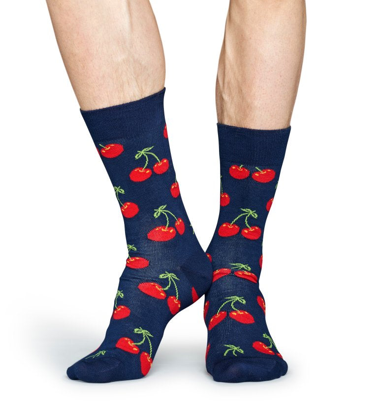 Modré ponožky Happy Socks s červenými třešničkami, vzor Cherry