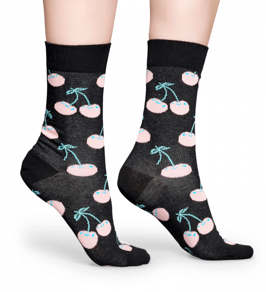Černé ponožky Happy Socks s růžovými třešničkami, vzor Cherry