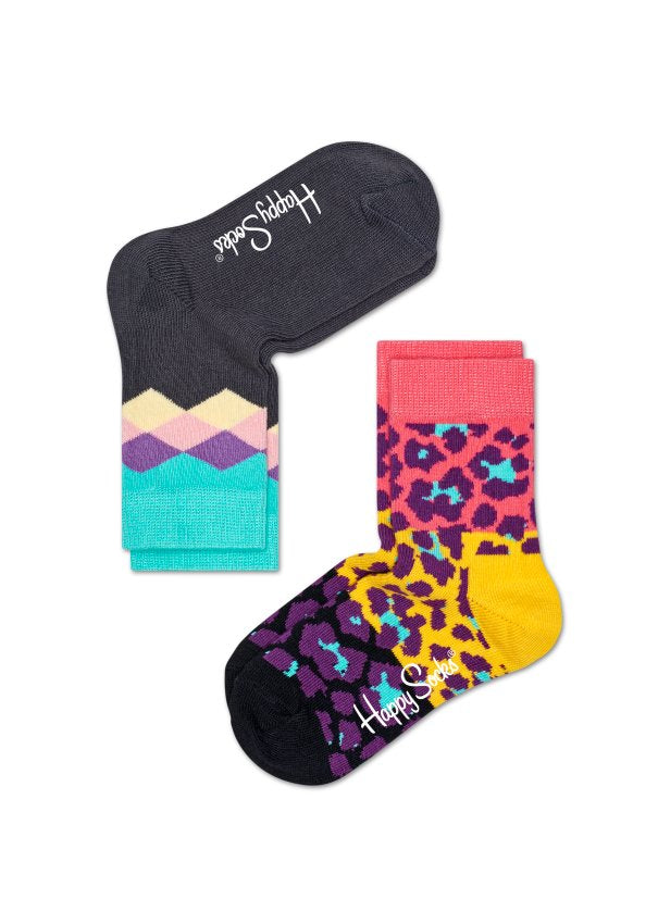 Dětské barevné ponožky Happy Socks, dva páry – Argyle a Leopard